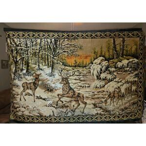 Vintage 70s Velvet Tapestry Wall Hanging Deer Hunting Lodge Woods Man Cave READ